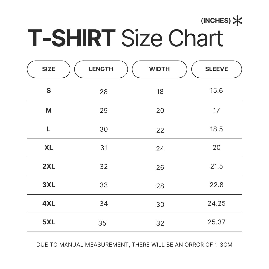 T shirt Size Chart - Distractible Merchandise